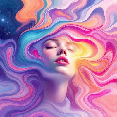 The primary subject of the image is a woman with a flowing mane, who appears to be sleeping. She is surrounded by a vibrant and colorful background, which includes a mix of pink, blue, and orange hues. The visual style of the image is a combination of digital art and illustration, creating a surreal and dreamy atmosphere. The woman's face is partially obscured by the flowing mane, adding to the sense of mystery and enchantment in the scene.